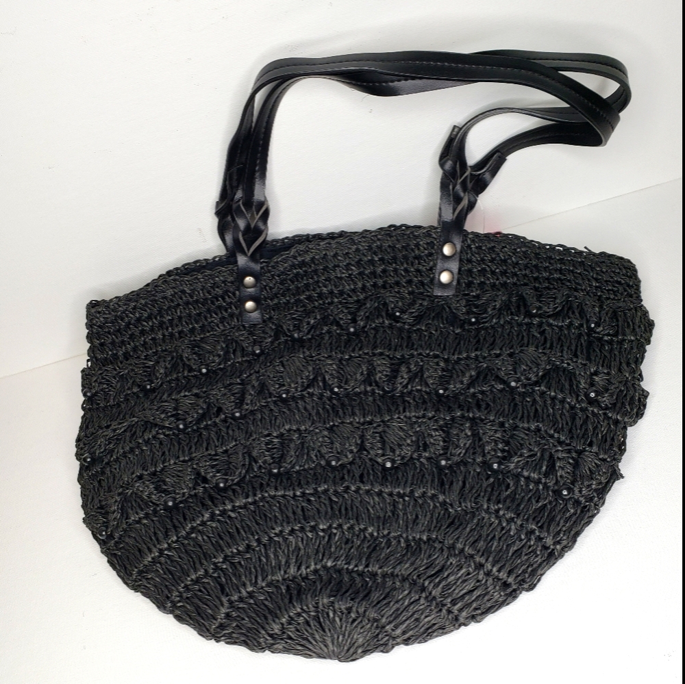 NWT Black Beaded Macrame Bag w/ Lining